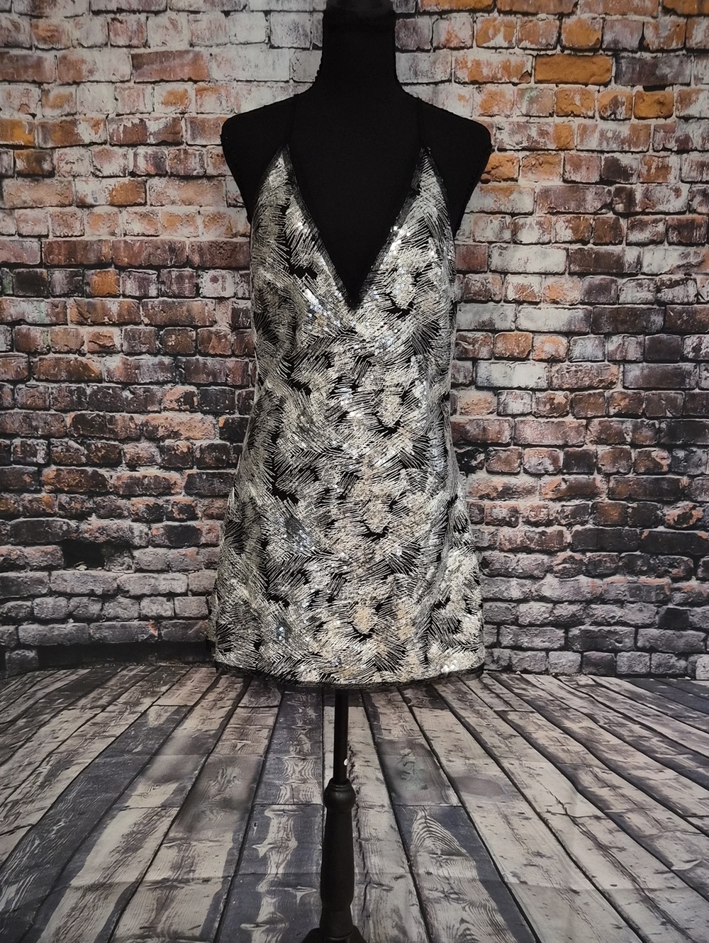 NBD Sloan Silver and Black Sequined V-Neck Mini Dress
